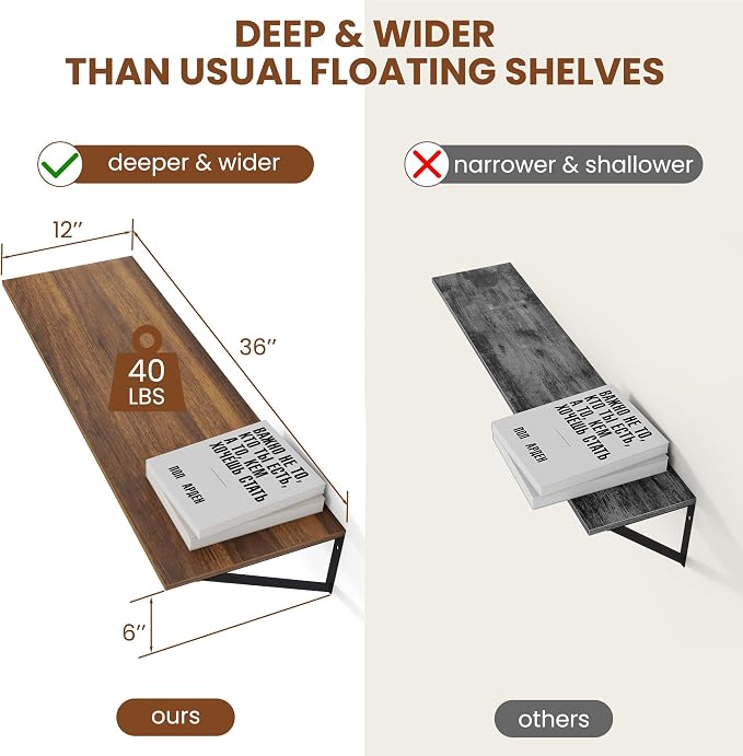 Heimlove 12 Inch Deep Floating Shelves for Wall, 36W x 12D Wood Wall Shelves Set of 2, Walnut Wide Floating Bookshelf for Living Room, Kitchen, Office, Bedroom, with Black Metal Bracke - Walnut - Image 3