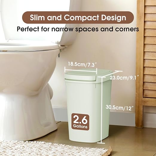 CEROELDA 3 Pack Bathroom Trash Can with Lid, 10L/2.6 Gal Small Garbage Can with Press Top Lid, Slim Plastic Waste Basket for Toilet, Office, Bedroom (Green) - Image 2