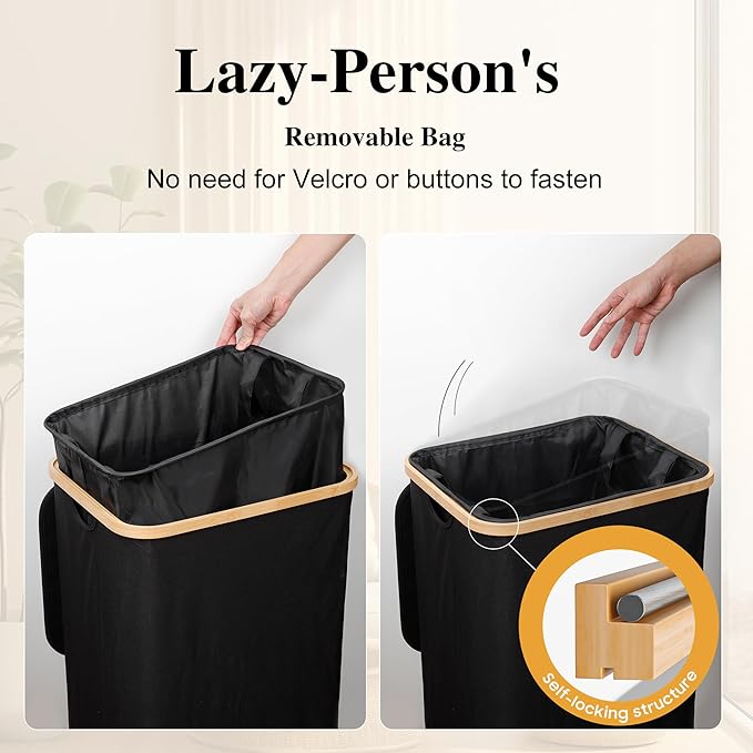 Foluck Large Laundry Hamper, 75L Waterproof Laundry Basket with Lid and Removable Bag, Collapsible Tall Clothes Hamper with Bamboo Handles for Clothes Toys in Dorm Bedroom Bathroom, Black - Image 3
