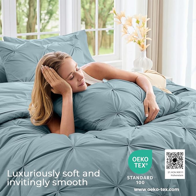Sasttie California King Comforter Set, 7-Piece Bed in a Bag, Pintuck Bedding Sets for All Season, Includes Comforter, Flat Sheet, Fitted Sheet, Pillowcases and Pillowshams, Greyish Blue