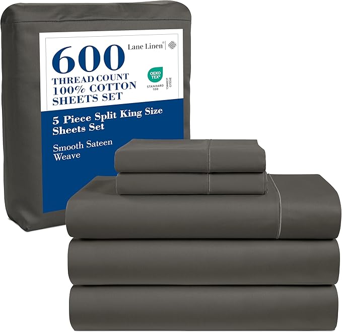 LANE LINEN 100% Cotton 600 Thread Count Split King Sheet Set for Adjustable Beds, Sateen Weave Hotel Quality, Fully Elasticized Oeak Tex Certified Sustainably Produced Machine Washable - Charcoal