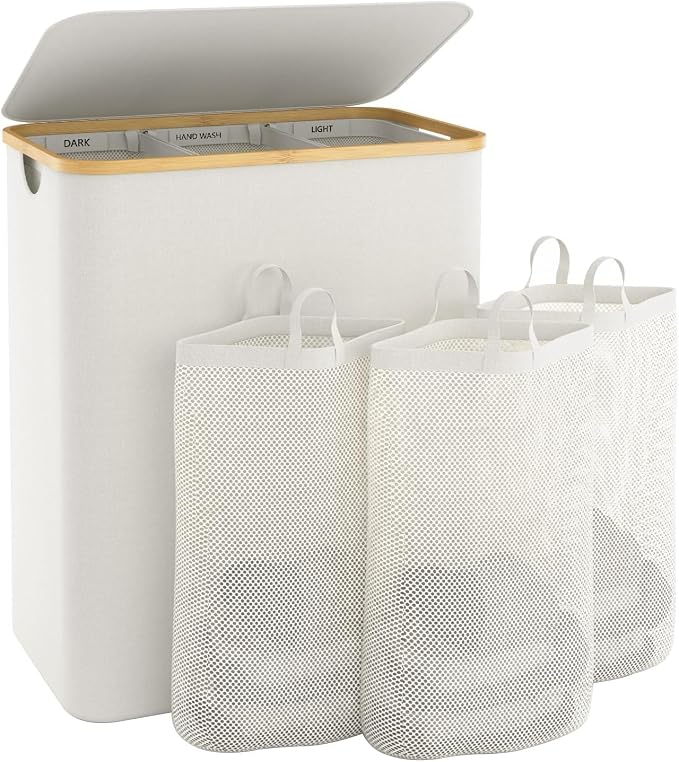 Extra Large 3 Section Dirty Clothes Laundry Basket with Lid, Dirty Clothes Hampers with Removable Bags for Bedroom and Laundry Room, Beige by Bathola