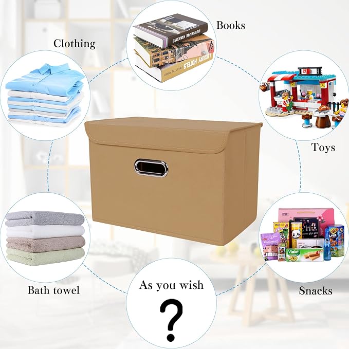 STOREONE Fabric Storage Cube Bins Foldable Organizer Container Collapsible Basket with Lids and Metal Handles, for Home, Bedroom, Closet 3 Pcs (Khaki) - Image 3