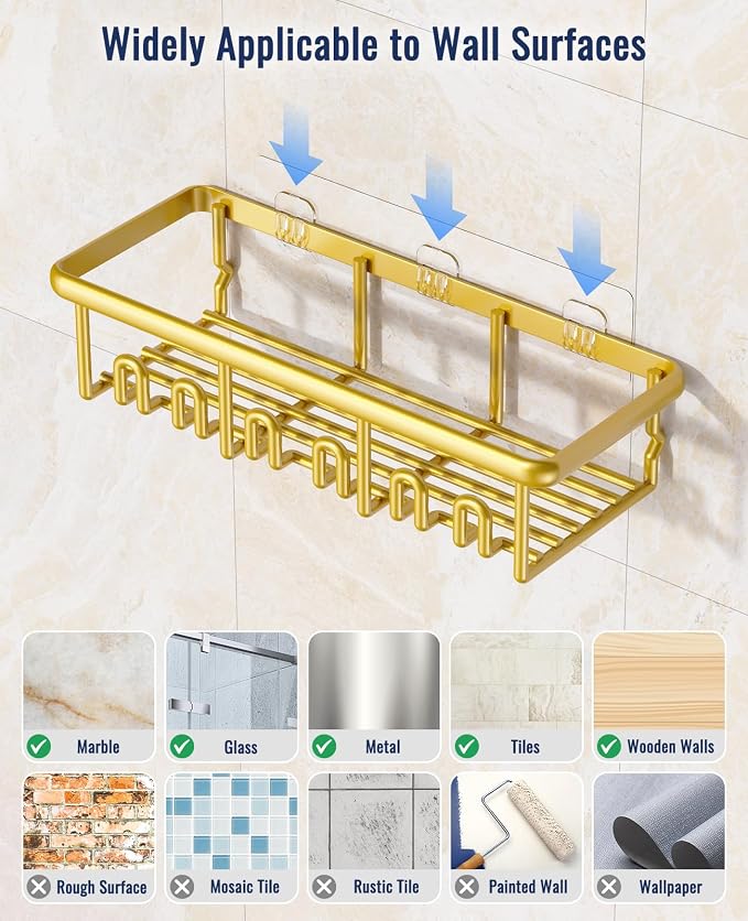 8 Pack Adhesive Rustproof Shower Shelves with Soap Dishes, Toothbrush Holder & Hooks, Large Capacity No-Drilling Shower Shelves Rack for Bathroom Organizers and Storage Accessories, Gold - Image 7