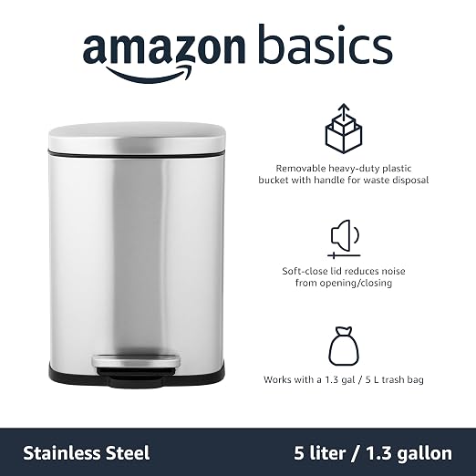 Amazon Basics Smudge Resistant Mini Rectangular Trash Can with Soft-Close Lid, Foot Pedal, Removable Inner Bucket, 5L/1.32 Gal, Brushed Stainless Steel, for Bathroom & Small Space, Satin Nickel Finish - Image 5