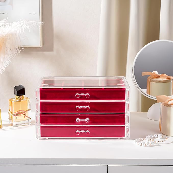 Lolalet Earring Holder Organizer Box Jewelry Storage with 4 Drawers, Clear Acrylic Stackable Earring Case with Adjustable Velvet Trays for Women on Dresser Vanity -Red, 4 Layers - Image 5