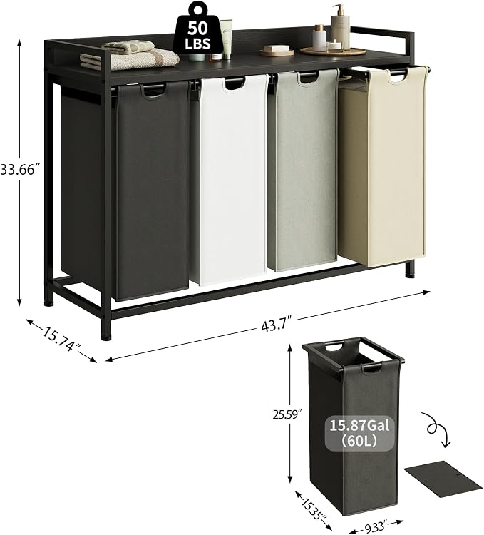 Herture Laundry Hamper with Shelf, Laundry Basket 4 Section, Laundry Sorter with Pull-Out Removable Large 4 Color Bags and Movable Wheels, Metal Frame, 4 x 15.87 Gallons (60L), Black PF07XLK - Image 4
