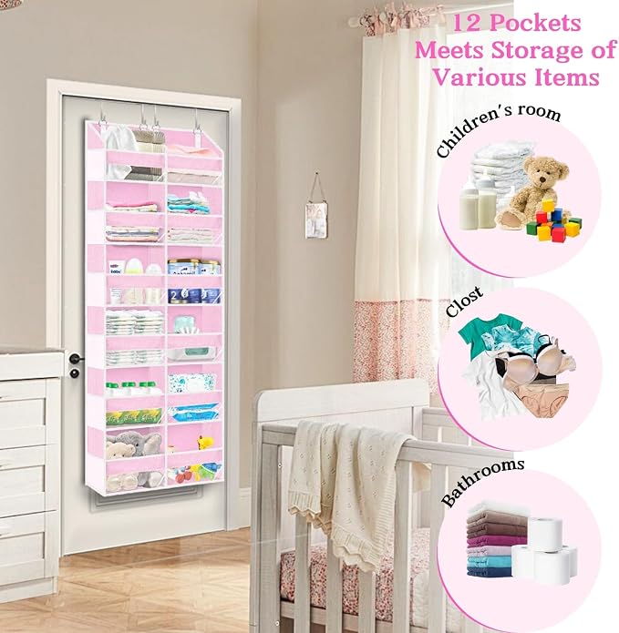 Over The Door Organizer 6 Tiers, Extra Large Behind Door Storage of 12 Compartments, 80 lbs Weight Capacity Hanging Storage Organizer with Clear Window Kids Toys,Shoes,Diapers,Room Storage,Pink - Image 6
