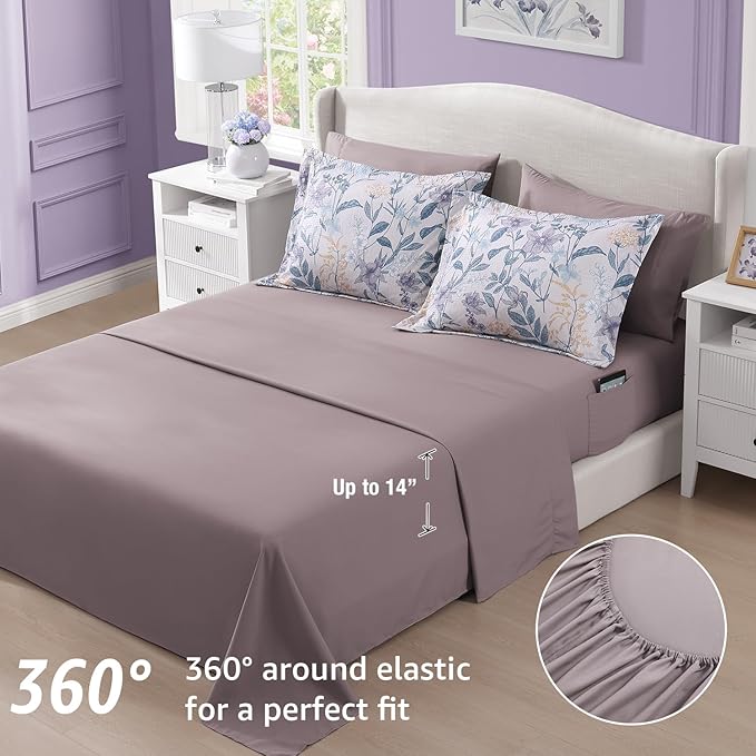 CASAAGUSTO Queen Comforter Set, 7 PCS Purple Iris Floral Comforter Set with Flowers Leaves Pattern, Soft Seersucker Design All Season Queen Size Bedding Set(90"X90")
