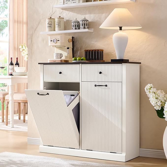 IFBUY Modern Double Tilt-Out Laundry Hamper Cabinet, 20 Gallon Fluted Trash Can Cabinet w/2 Drawers, Wooden Hidden Garbage Can Cabinets with Laundry Basket, for Bathroom and Kitchen, Antique White - Image 6