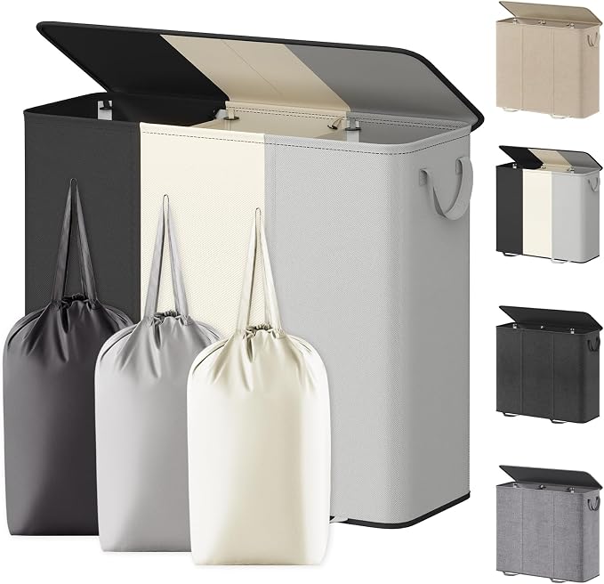 Lifewit Triple Laundry Hamper with Lid and Removable Laundry Bags, Large Collapsible 3 Dividers Dirty Clothes Basket with Handles for Bedroom Laundry Room Closet Bathroom College,185L Black&White&Gray by Lifewit