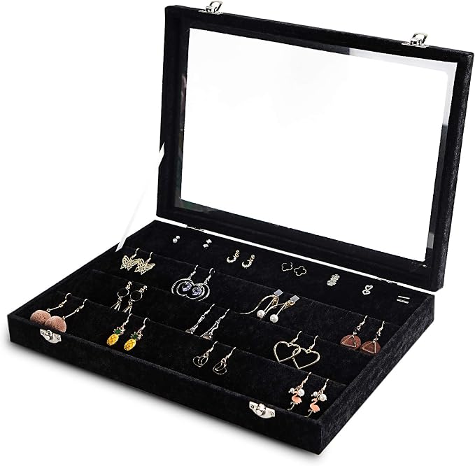 Frebeauty Earring Organizer Tray with Clear Lid 64 Slots Velvet Drawer Insert Earring Storage box with Transparent Glass lid Jewelry Display Case with lock Gifts for Women (Black, Earrings) by Frebeauty