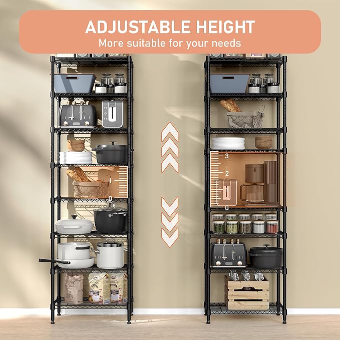 M MZG 8 Tier 2000 lbs Storage Rack Metal Wire Shelving Unit, Storage Standing Shelf Organizer for Laundry Bathroom Kitchen Pantry Closet Garage Basement Utility Room, Black 13.8" D x 23.6" W x 79.5" H - Image 5