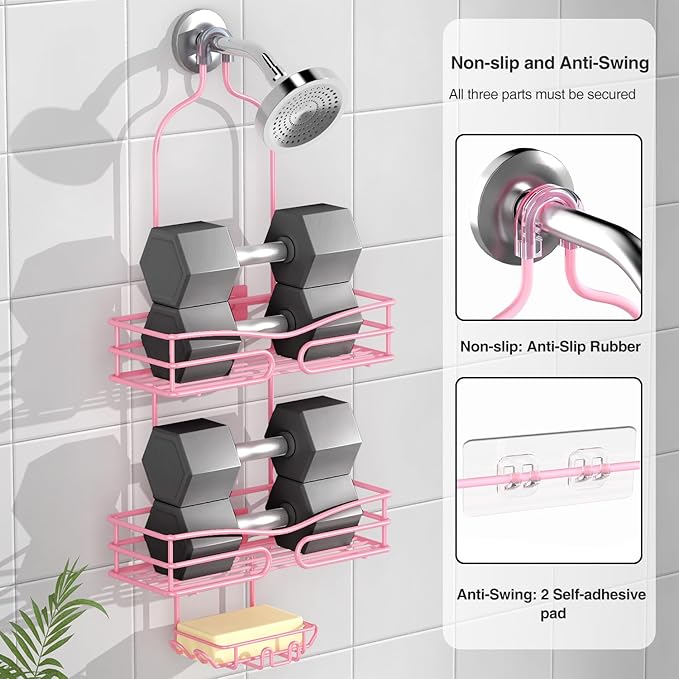 DAOYA Pink 3-Tier Over Head Shower Caddy with Soap Holder & 6 Hooks - Hanging Shower Caddy for Bathroom Organizer - Image 3