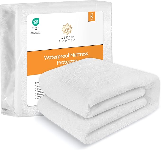 Sleep Mantra Waterproof Mattress Protector - Terry - Breathable, Noiseless & Hypoallergenic Bed Cover - Deep Pocket Fitted Sheet Style (King)
