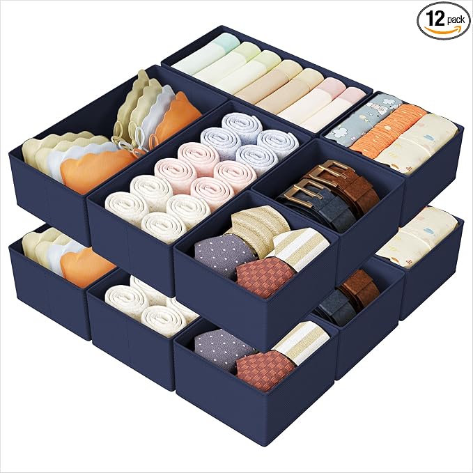 DIMJ Drawer Organizers Clothes, Set of 12 Dresser Organizer Bins, Fabric Closet Organizers and Storage, Shallow Drawer Dividers for Nursery, Clothing, Baby Clothes, Socks, Underwears, Tie (Navy Blue) by DiMJ