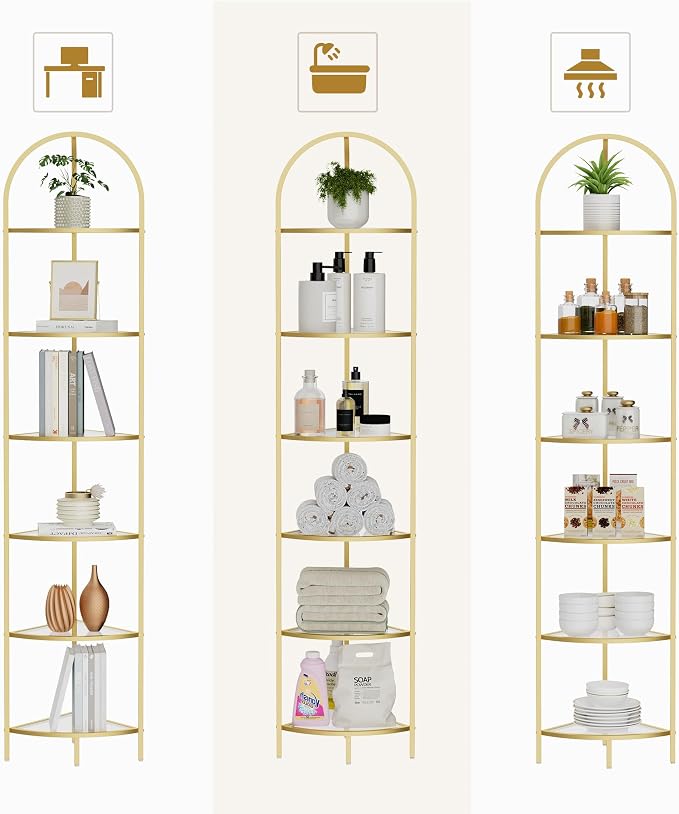 Homhedy 6-Tier Corner Shelf Stand, Metal Corner Bookshelf, Tempered Glass Shelves, Bathroom Storage Rack Shelf, Plant Stand, Modern Style, Golden - Image 3