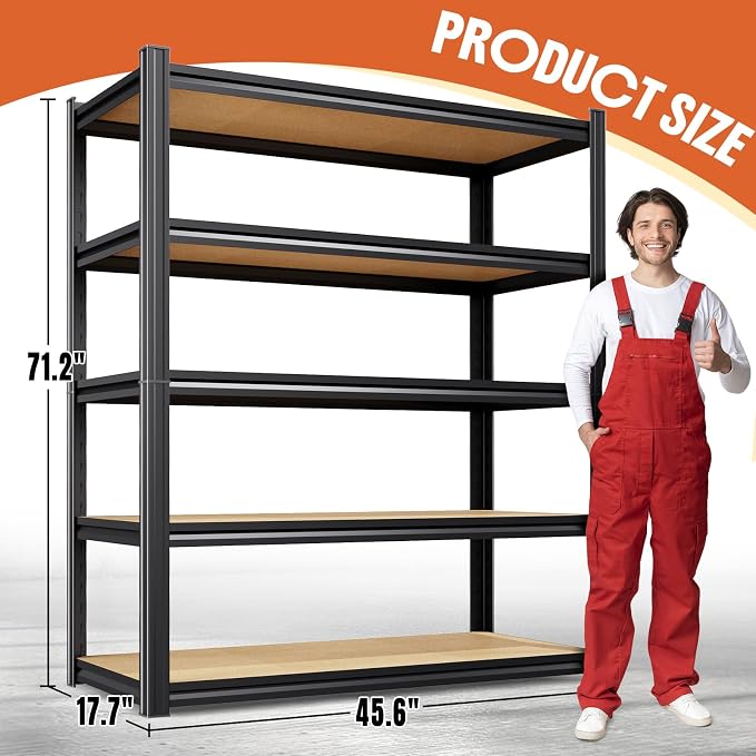 71.2" H Storage Shelves, 5 Tier Adjustable Wood Garage Shelving, Utility Tall Metal Shelving Unit, Easy to Install Standing Garage Storage for Warehouse,Bedroom,Basement,45.6" WX17.7 DX71.2 H - Image 3
