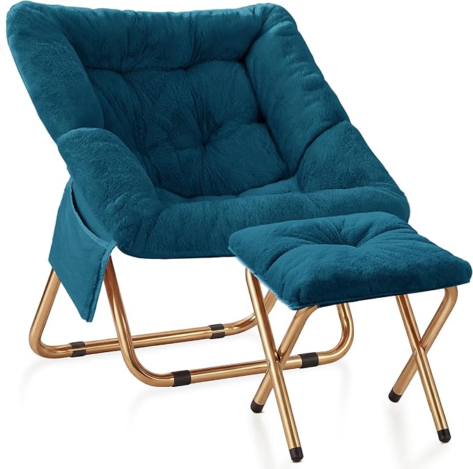 Kasunpul Comfy Saucer Chair, Foldable Living Room Chairs, Soft Faux Fur Lounge Chair for Bedroom, Reading Chairs for Adults, Teens, X-Large (Teal Blue)