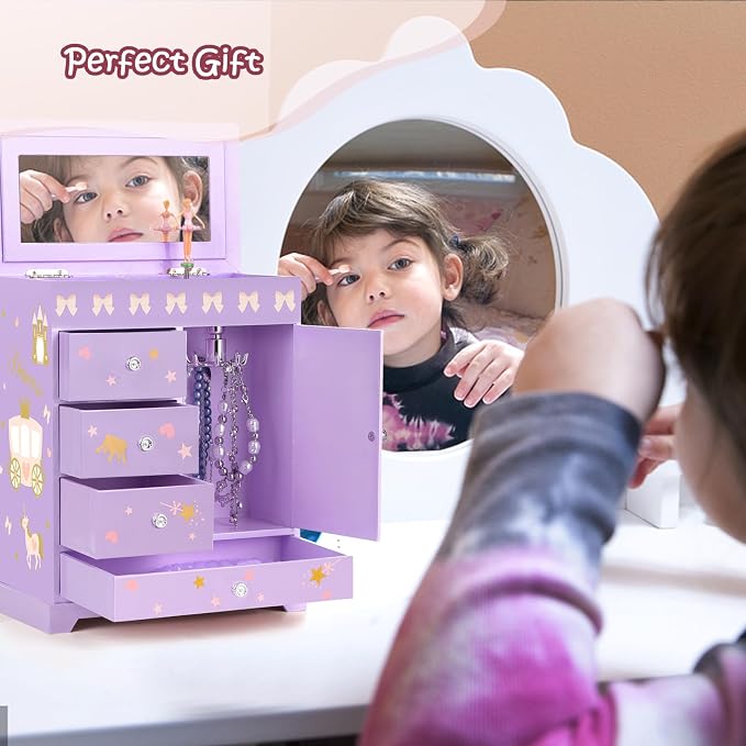 Large Jewelry Box for Girls 5-Layer Music Box with Swing Door Spinning Ballerina Unicorn Necklace & Bracelet Set Children Jewelry Organizer for Girls Kids Birthday Christmas Gift Purple - Image 7