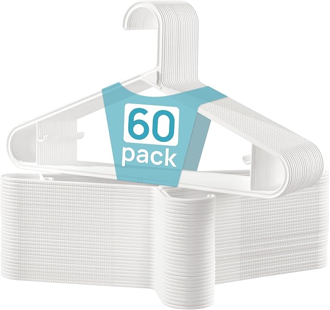 Vtopmart 60 Pack Plastic Clothes Hangers, 16.7in Standard StackFit Hangers for T-Shirt, Coats, Jackets, Sweaters, Non-Slip Slim Hanger with Hooks, Space-Saving in Closet, Durable Clothes Organizers by Vtopmart