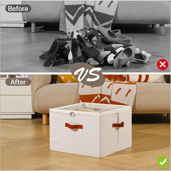 INSTY Shoe Organizer for Closet, 2 Pack Foldable Shoe Storage Containers, Fits up to 16-32 Pairs, Adjustable Dividers for Shoe Organizer, Fabric Shoe Storage Bins with Clear Cover, Beige - Image 5