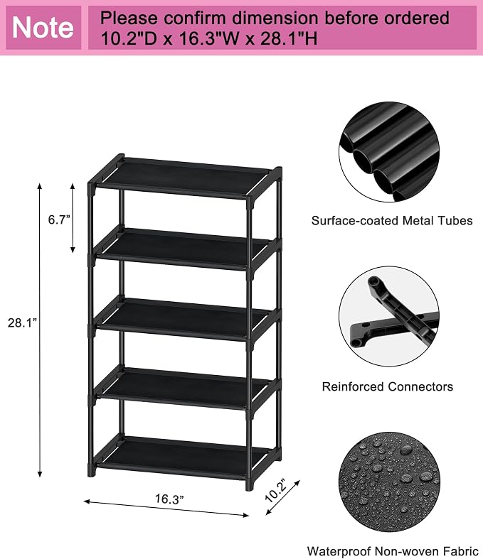 Autonomier 5-Tier Extra Small Shoe Rack (16.3" Wide), Narrow Space-Saving Organizer for Small Spaces, Non-Woven Fabric Lightweight Shoe Shelves, for Closet, Front Door, Entryway, Kids/Toddler/Adults - Image 3