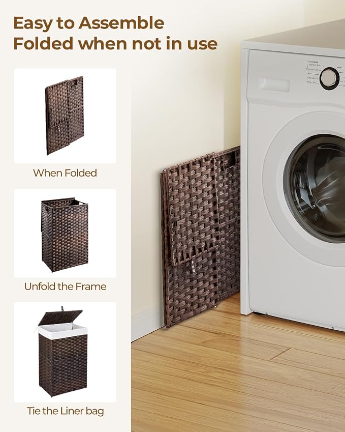 Greenstell Laundry Hamper with Lid, 60L Clothes Hamper with 2 Removable Liner Bags & 2 Mesh Laundry Bags, Handwoven Synthetic Rattan Laundry Basket for Clothes, Toys in Bathroom, Bedroom Brown - Image 7
