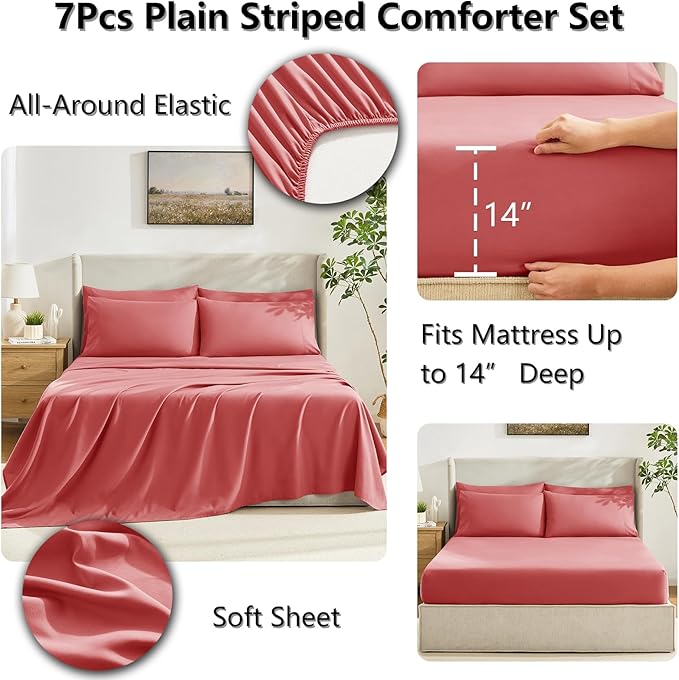 CozyLux Full Size Comforter Sets Coral, 7 Pieces Bed in a Bag, Coral Comforter Full Size, All Season Bedding Sets with Stitch Quilted Comforter, Flat Sheet, Fitted Sheet, Pillowcases
