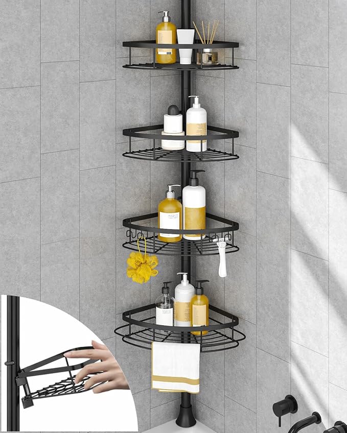 SEIRIONE Rustproof Shower Corner Caddy Organizer for Bathroom, 4-Tier Adjustable Bathroom Shelf with Tension Pole, Solid Rack Ideal for Bathtub Storage, 34 to 116 Inch Height, Black by SEIRIONE