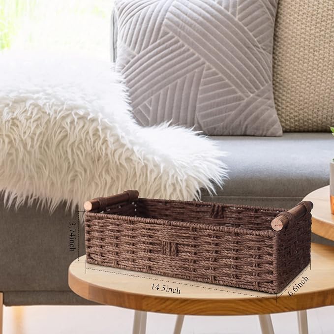 Round Paper Rope Storage Basket Wicker for Organizing with Handle, Decorative Bins Countertop Toilet Paper for Tank Top Small Set, Brown - Image 2