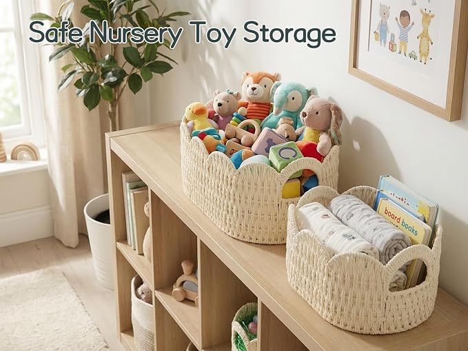 Coeusy Paper Rope Scalloped Basket Set of 2,Hand-woven Storage Baskets for Shelves,Nursery,Books,Toys,Cute Boho Decor Baskets for Organizing,White - Image 4