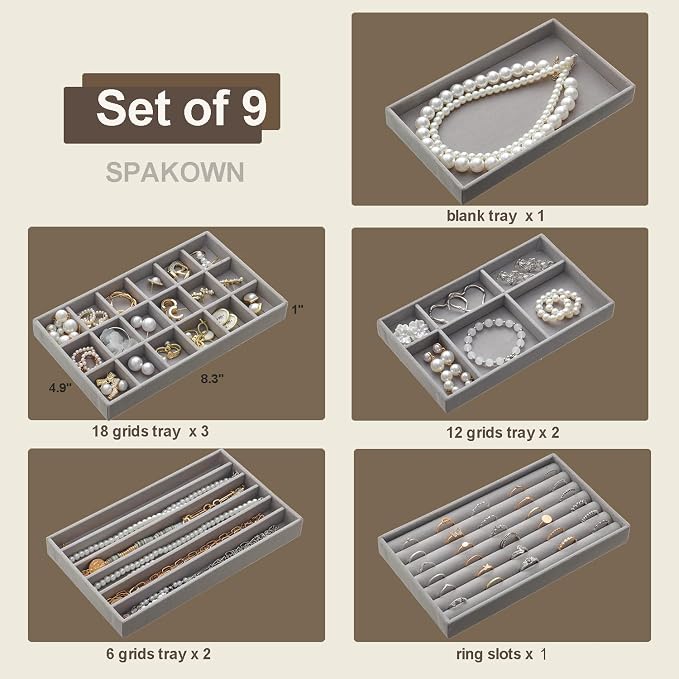 SPAKOWN Jewelry Drawer Organizer Inserts Set of 9, Velvet Jewelry Trays for Drawers, Storage for Earring, Ring, Necklace, Watch, Bracelet (Grey) - Image 7