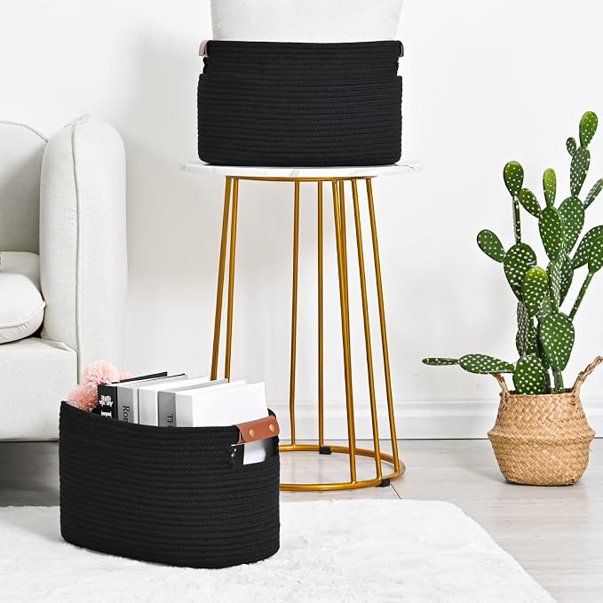 ECDYQXVU Cotton Rope Basket, Storage Baskets with Handle, 15x10x9 Inch Woven Basket for Shelves, Laundry, Towels, Clothes, Books (Black 1Pack) - Image 8