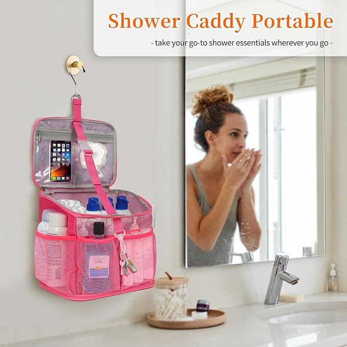 CUBETASTIC Shower Caddy Portable Mesh Shower Tote for Bathroom, Gym, Travel, Camping - Quick Dry Hanging Organizer Toiletry Bag with Handle for College Dorm Room, Men & Women (A# Hot Pink, 9.8") - Image 6