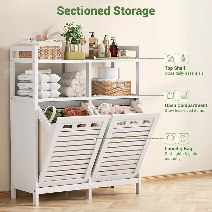 Homykic Tilt Out Laundry Hamper Cabinet, Bamboo Double Laundry Hamper with 2 Removable Laundry Baskets, 20 Gal Laundry Sorter Organizer with Shelf for Dirty Clothes, Bathroom, Laundry Room, White - Image 6