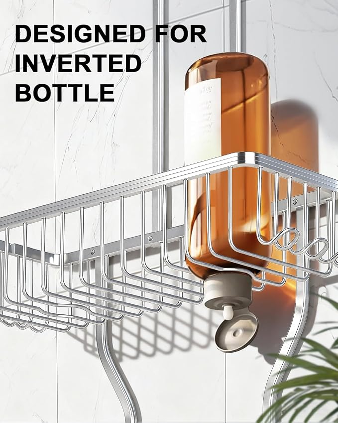 Shower Caddy Hanging - Never Rust Shower Hanging Organizer - Aluminum Over the ShowerHead Caddy with Soap Basket and 6 Hooks for Razor/Sponge (Frosted Silver) - Image 5