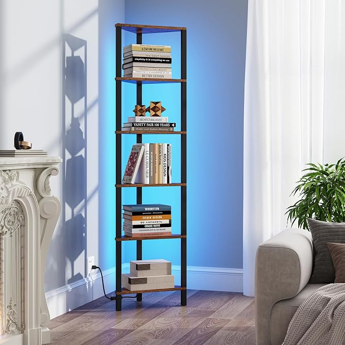 TUTOTAK Corner Shelf with LED Light, 6-Tier Corner Bookshelf for Small Space, Narrow Display Corner Shelf Stand with Storage Rack, for Living Room, Bedroom, Rustic Brown BS05BB006L - Image 9