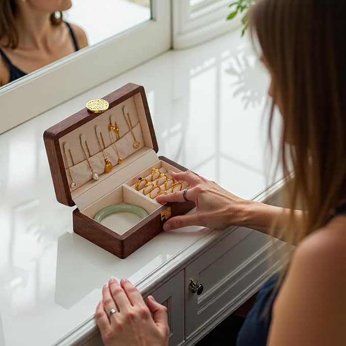 Travel Jewelry Case Wood Small Jewelry Box for Women Wood Jewelry Organizer Storage Holder For Earrings Rings Necklaces Velvet Wooden Jewelry Box With Lock - Image 6