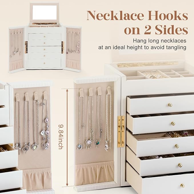 Dajasan Large Jewelry Organizer Box, Jewelry Boxes for Women Girls, 6-Tier Jewelry Storage Organizer with Mirror for Necklace Ring Bracelet Watch, Gift Idea (White) - Image 2