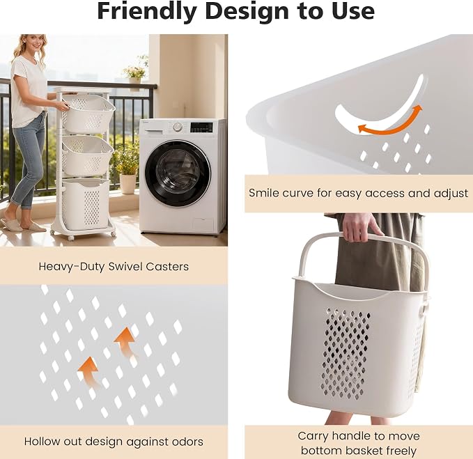BAOKALER Rolling Laundry Hamper Cart with Wheels, 3 Tier White Laundry Baskets, Clothes Hamper with Portable Storage Baskets for Kitchens, Bathrooms, Bedrooms, Classrooms, Laundry Rooms(75L) - Image 4