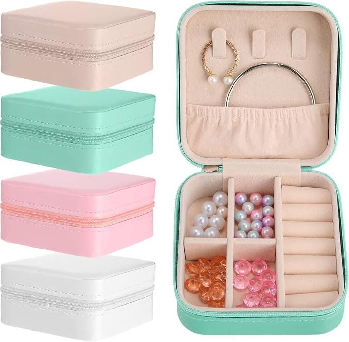 Junkin 8 Pcs Jewelry Travel Case Bulk, Small Jewelry Box Bridesmaid Gifts Jewelrys Box for Women, Portable PU Leather Jewelrys Case Organizer Storage for Rings Earrings Necklaces, 4 Colors by Junkin