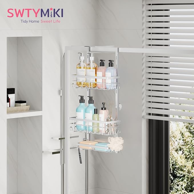 SWTYMIKI Over The Door Shower Caddy - 3 Tier Rustproof Hanging Shower Organizer with Adjustable Shelves, 28 Hooks & Soap Holder, Hanging Shower Rack Storage for Bathroom Accessories, Silver - Image 6