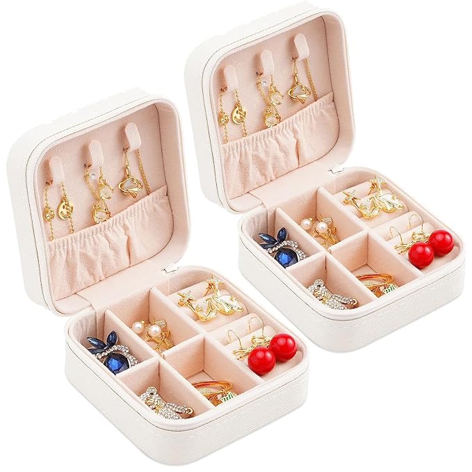 Neveika Portable Travel Mini Jewelry Box Leather Jewellery Ring Organizer Case Storage Gift Box Girls Women (2pcs White). - Image 9