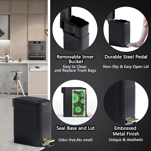 Small Bathroom Trash Can with Lid Soft Close-6L/1.6 Gal Slim Step Garbage Can-Metal Pedal Wastebasket-Narrow Rectangle Garbage Container Bin for Corner Office, Bedroom, Toilet, Live Room-Black - Image 4