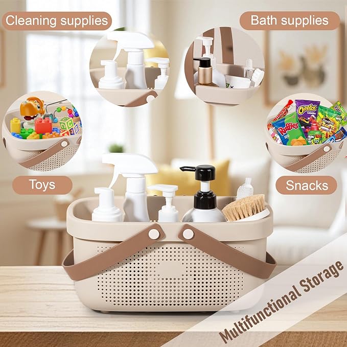 JiatuA Plastic Storage Basket with Handle Portable Shower Caddy Tote Organizer Basket Bin for Bathroom Kitchen Dorm Room Bedroom, Beige - Image 4