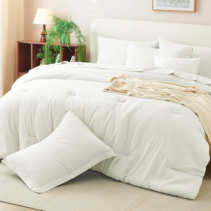 CozyLux Queen Comforter Set Ivory, 7 Pieces Bed in a Bag Queen Comforter Set with Sheets, Luxury Soft Bedding Sets with Down Alternative Comforter, Fitted Sheet, Flat Sheet, Pillowcases & Shams
