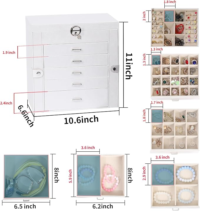 BOOVO Jewelry Box For women, 6 Layer Large Jewelry Organizer With Mirror, Multi-Function Storage Box With Lock, Accessory Holder With 5 Drawers, For Earrings Necklace Ring Bracelet (White) - Image 4