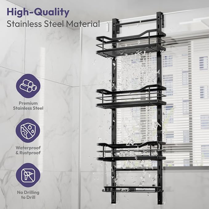 SWTYMIKI Over the Door Shower Caddy - 4 Tier Adjustable Shower Organizer Hanging with Soap Holder, No Drilling Stainless Steel Bathroom Rack Hanging for Body Wash, Shampoo, Soap, Razor, Black - Image 6