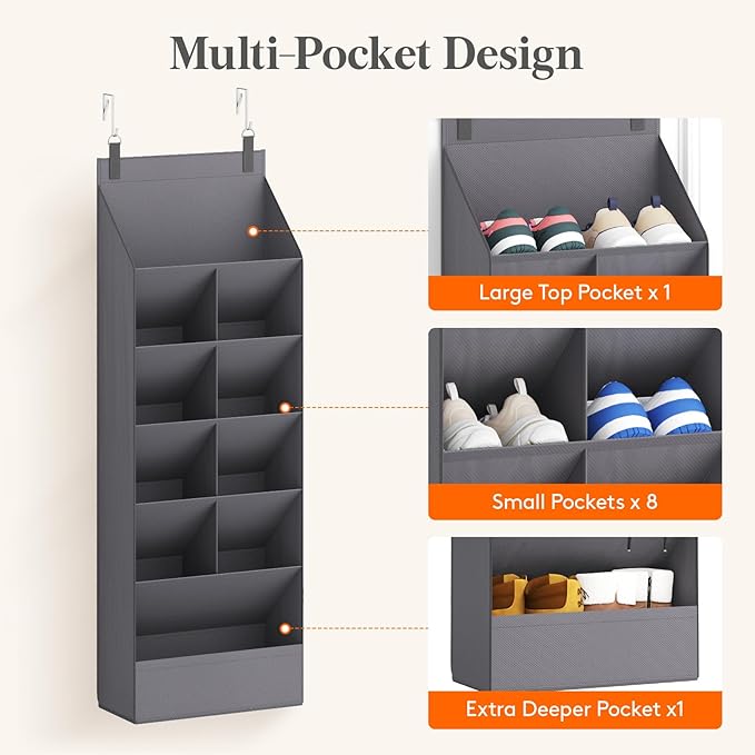 Lifewit 6 Tier Over the Door Shoe Organizer with 11 Large Deep Pockets, Fabric Hanging Shoes Shelf for Closet, Dorm Storage, Fit Up to 12 Pair Shoe Rack Holder for Sneakers, Boots, Gray - Image 6